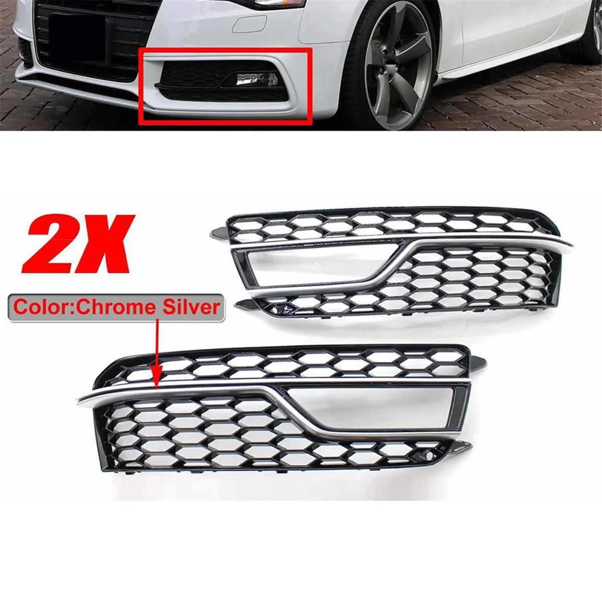 Left Chrome Car Front Bumper Mesh Fog Light Cover Honeycomb Grill Grille Cover for Audi S5 A5 S-Lines 2013-2016