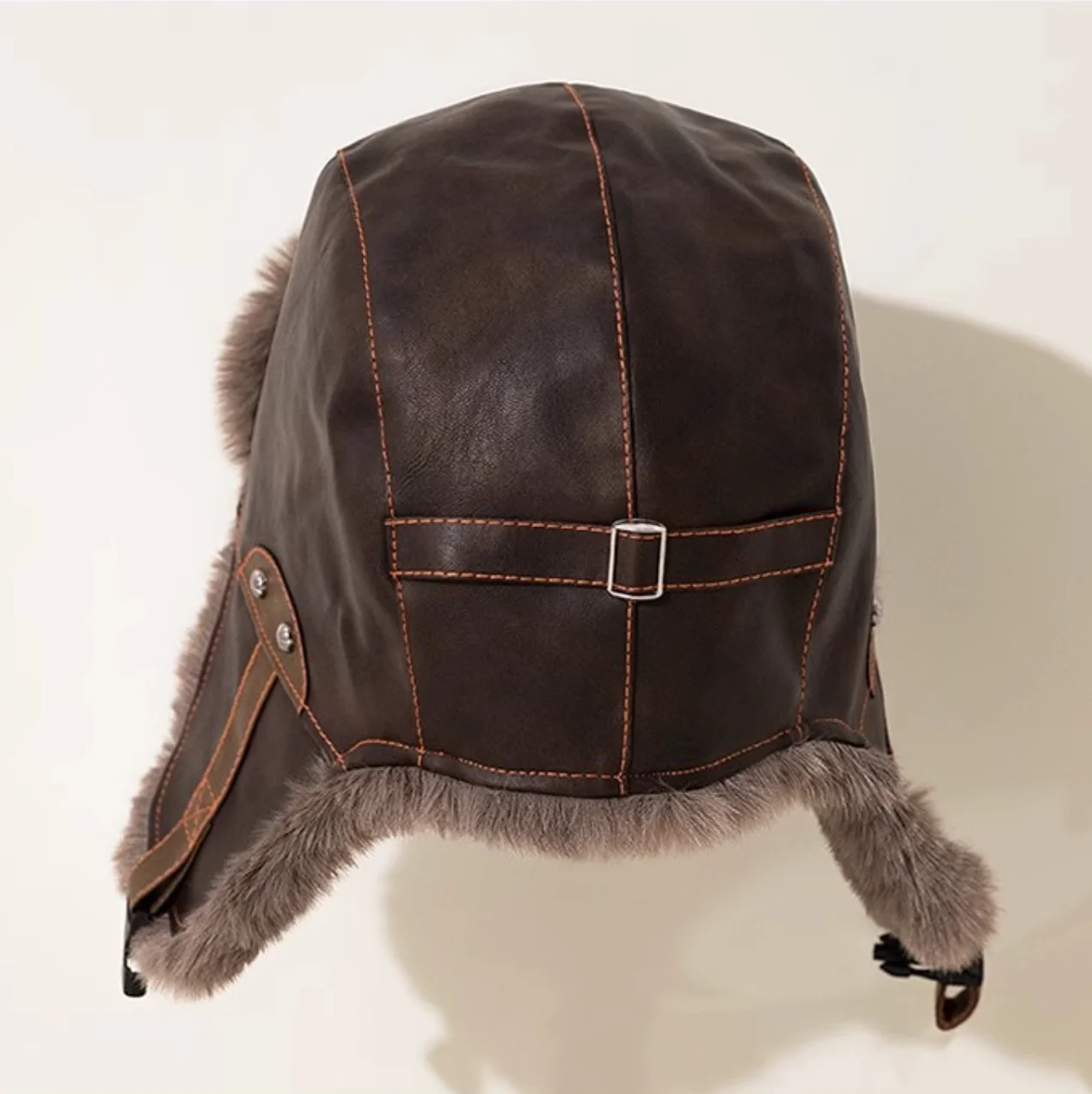 Men's Retro Aviator Snow Hat, Distressed Leather with Large Fur Ear Flaps, Rivet Stitching, Adjustable Buckle, Outdoor Warm Winter Hat