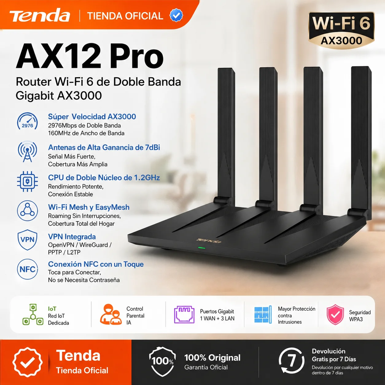 Router WiFi 6 Tenda AX12 Pro AX3000 Doble Banda 160MHz 2976Mbps Gigabit EasyMesh WiFi+ NFC VPN OpenVPN WireGuard 4 Antenas Alta Ganancia 7dBi Cobertura Amplia Red IoT Control Parental