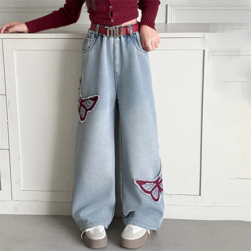 Child Winter Insulate Jeans with Butterfly Embroidery For Teen Girl Warm Thick Vevet Denim Pants With Belt Kids Thermal Trousers