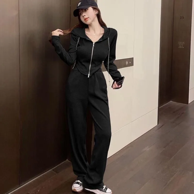 

Женский модный костюм 2026: Новинка весна-осень, свободный повседневный спортивный комплект из худи с высокой талией и широких брюк, две части