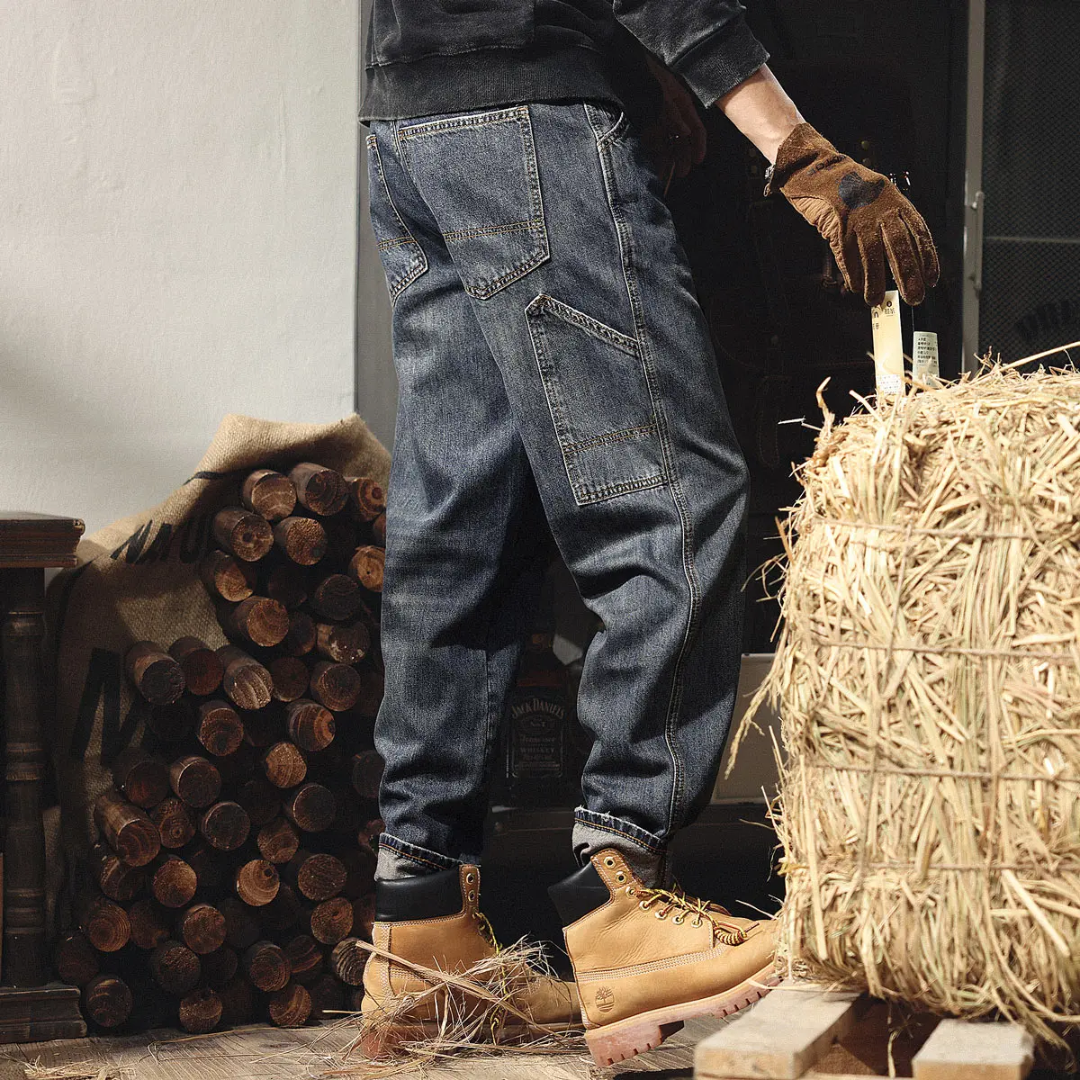 

Американские джинсы в стиле ретро для мужчин: свободные, прямые, широкие штанины, повседневные, длинные брюки из хлопкового денима для осени