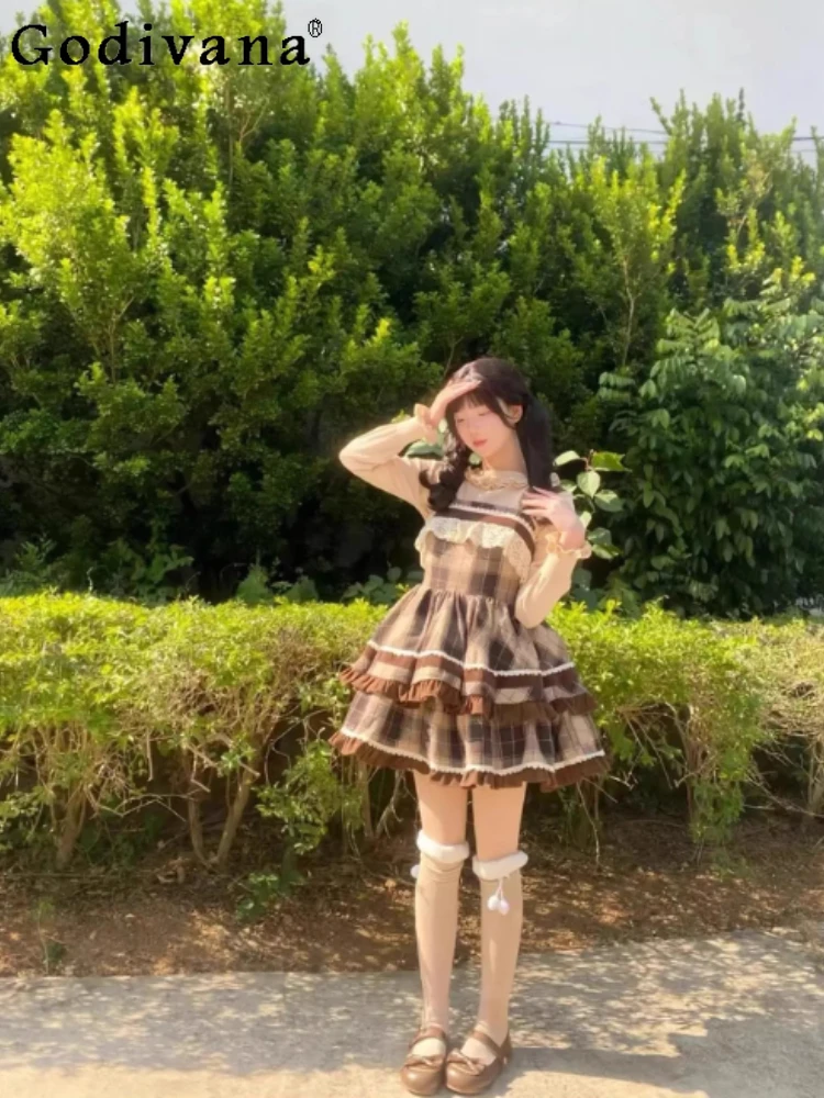 

Japanese Style Original Bowknot Plaid Cape Coat 2025 Autumn Winter New Sweet Girl Strap Dress Olita Retro Cloak Three-Piece Set