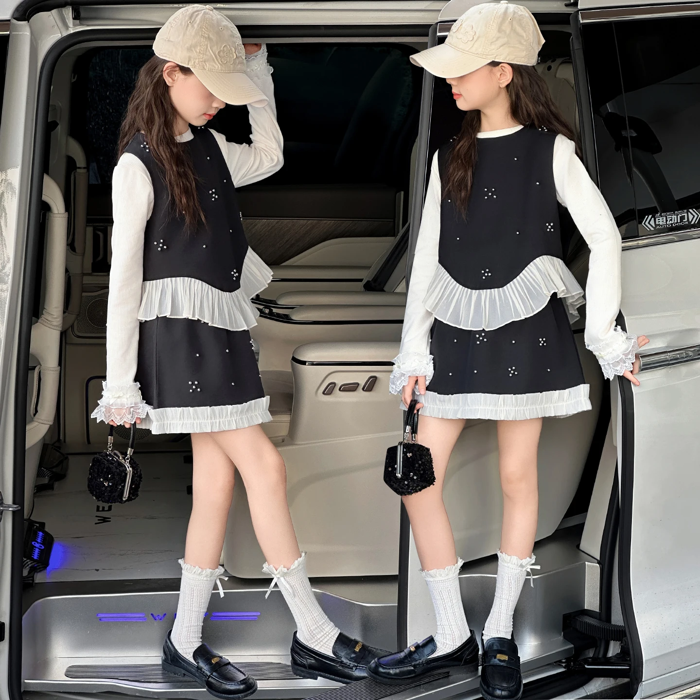 

Французский дизайн, юбки для девочек-подростков 4–14 лет, комплект одежды, жилет ручной работы с бусинами + кружевная футболка, топы + юбка, костюм из 3 предметов для младших детей, детская одежда