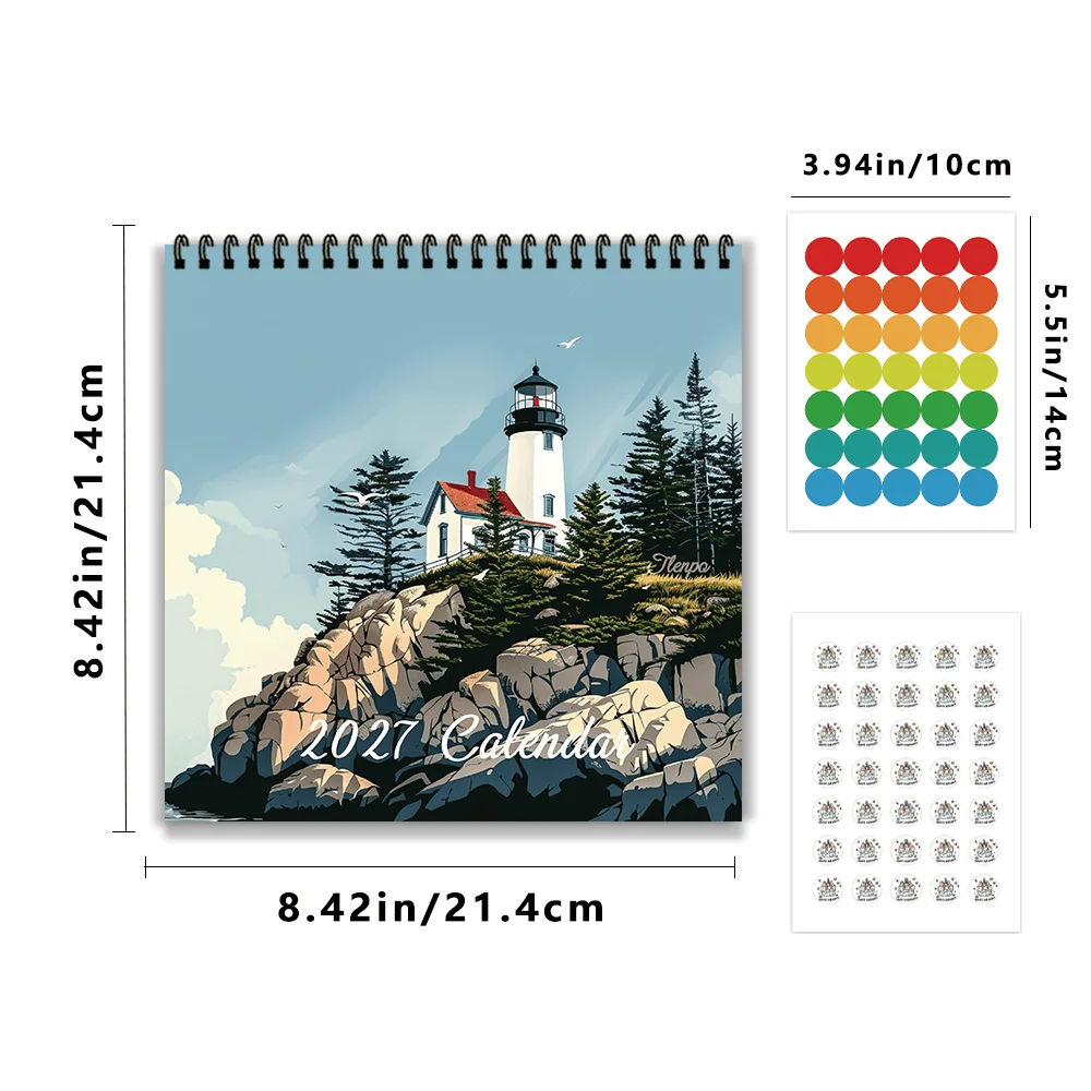 1pc 2027 Scenery LighthouseWall Calendar,12‑Month Planner,Gift For Back‑to‑School,Christmas,New Year,Free Stickers Included