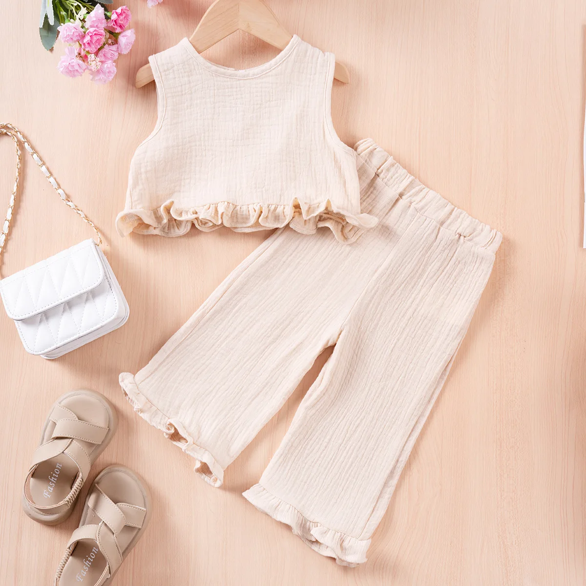 Somenie Summer Girls Fashion Sleeveless Lace Straight Pants Set Two-piece New Cotton Double Crepe Yarn