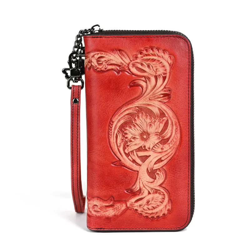 3D Floral Cow Leather Purse Bag for Woman Large Long  Real Leather Clutch Fashionable Ladies Cow Leather Wallets