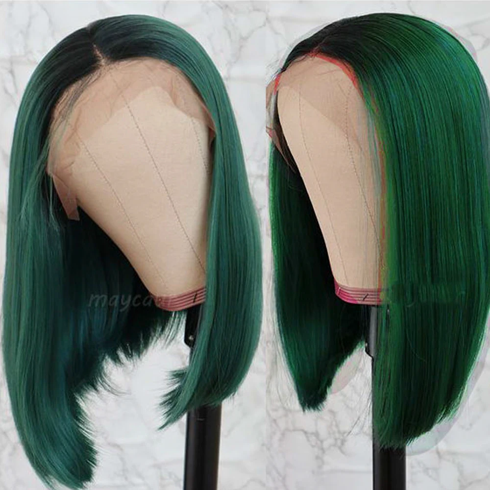 Black Green Short Straight Bob 13x4 Lace Front Human Hair Wig  Glueless Remy Brazilian Hair 180% Density  For Woman Perfect