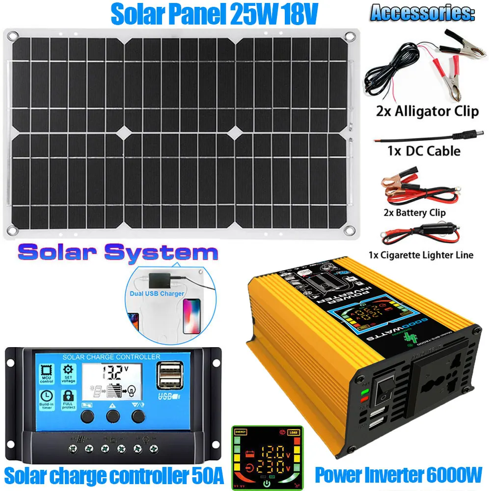 6000W Solar System Complete Kit Dual USB Intelligent Power Inverter DC 12V To AC 110V 220V Vehicle Smart Inverter LCD Display