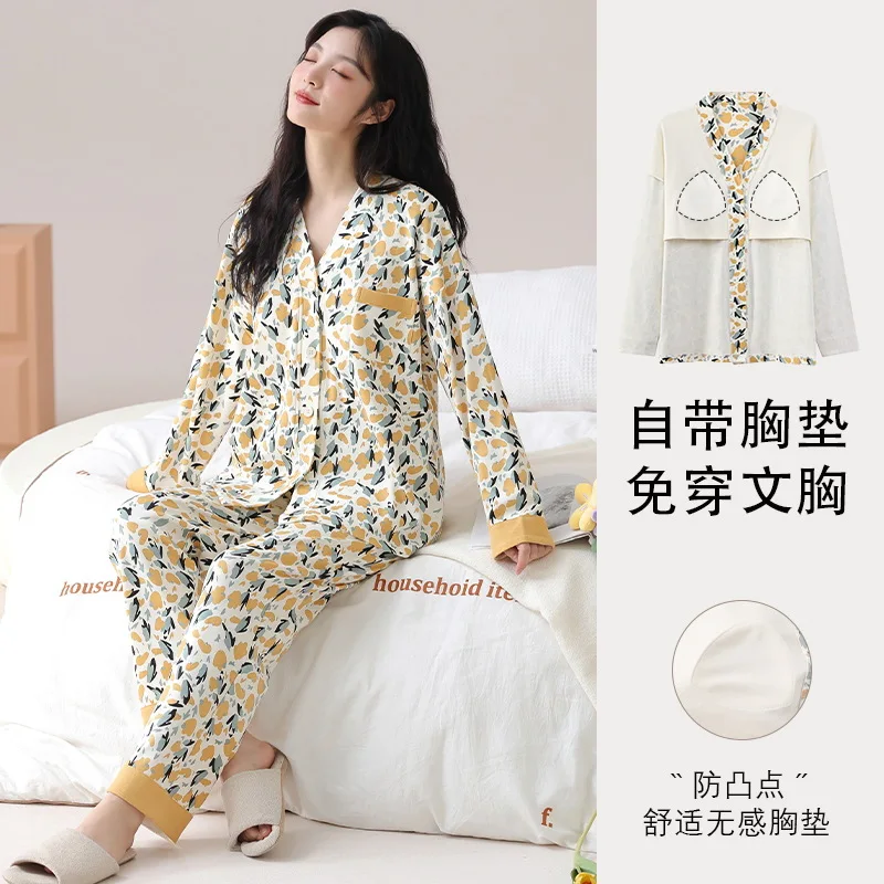 Floral Printed Pajama Women Autumn Student Cute Long sleeve Cotton Spring High-Grade Home Wear Set with Bra Pad Kimono Loungwear