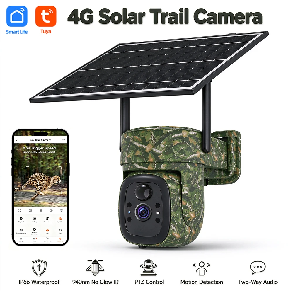Tuya 4G Solar Outdoor Trail Hunting PTZ Camera Wireless Camouflage Camera 4MP 940nm NO Glow IR IP66 Waterproof Security CCTV