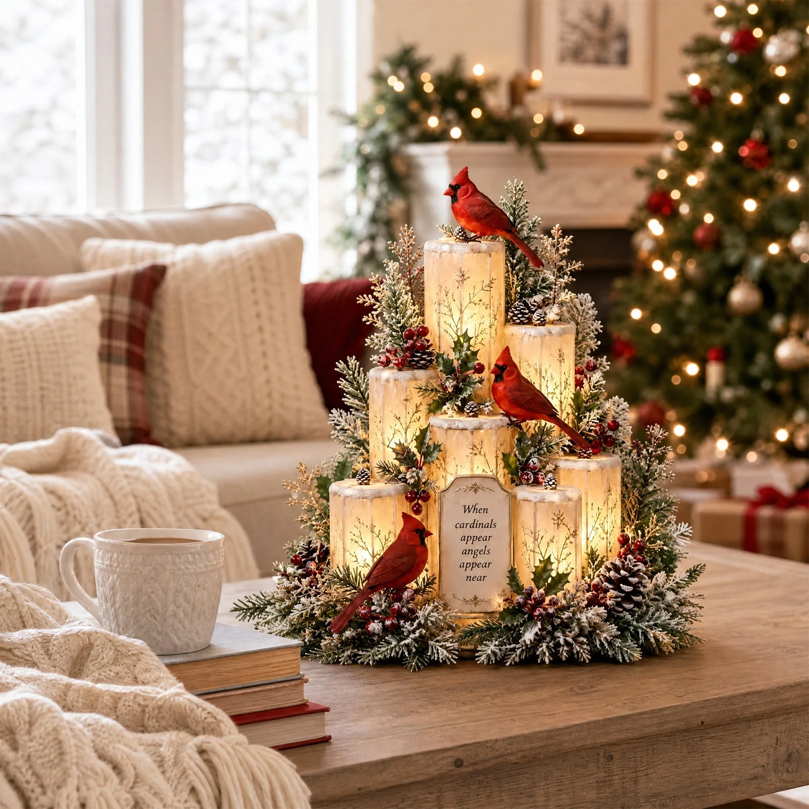 Holiday Cardinal Lighted Candle Centerpiece Flameless Warm Glow Holly Berries Pine Cones Christmas Table Decoration