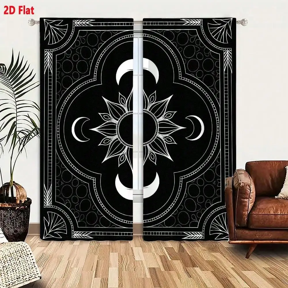 2D Flat - 2pcs Gothic Esoteric Sun Moon Floral Pattern Black And White Curtain Set |   Symmetrical Ornate Circle Square Border