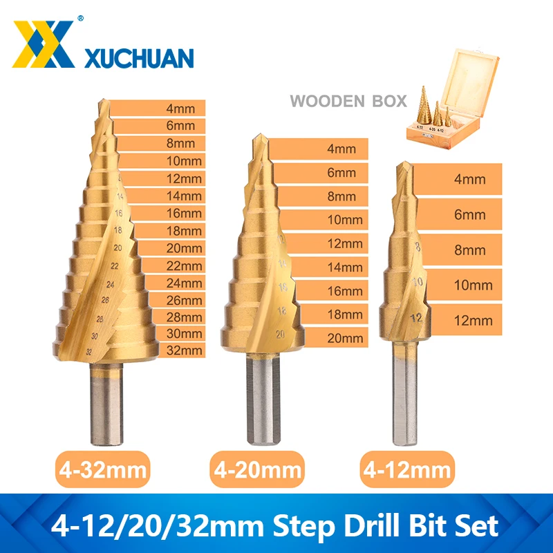 

HSS Spiral Hole Cutter 4-12/20/32mm Titanium Coated Step Drill Triangular Shank Spiral Groove Drill Bit For Wood Metal Drill Bit