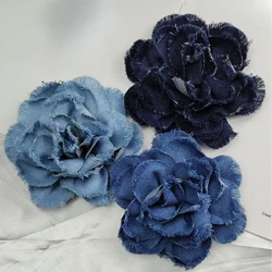 15cm Fashion New Handmage Edging Denim Rose Flower Brooch Pin Beautiful Corsage Lapel Badge Brooches for Women Accessories