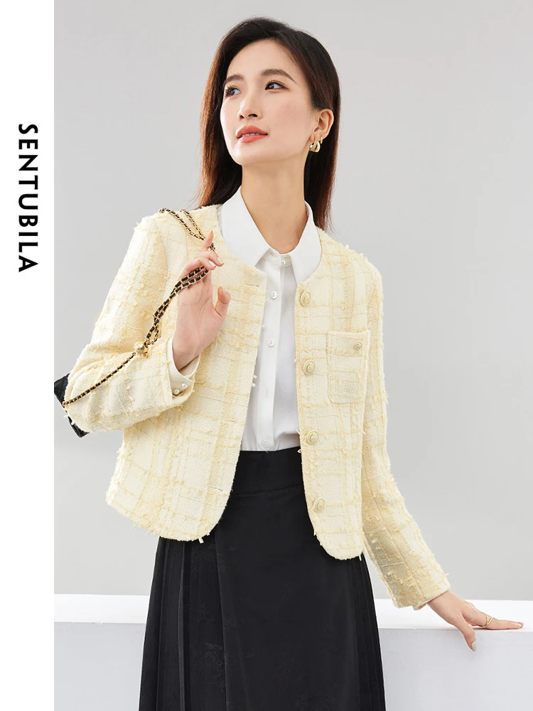 SENTUBILA Plaid Tweed Crop Jacket Women 2024 Round Neck Single Breasted Elegant Straight Short Coat for Woman Clothing 141W52956