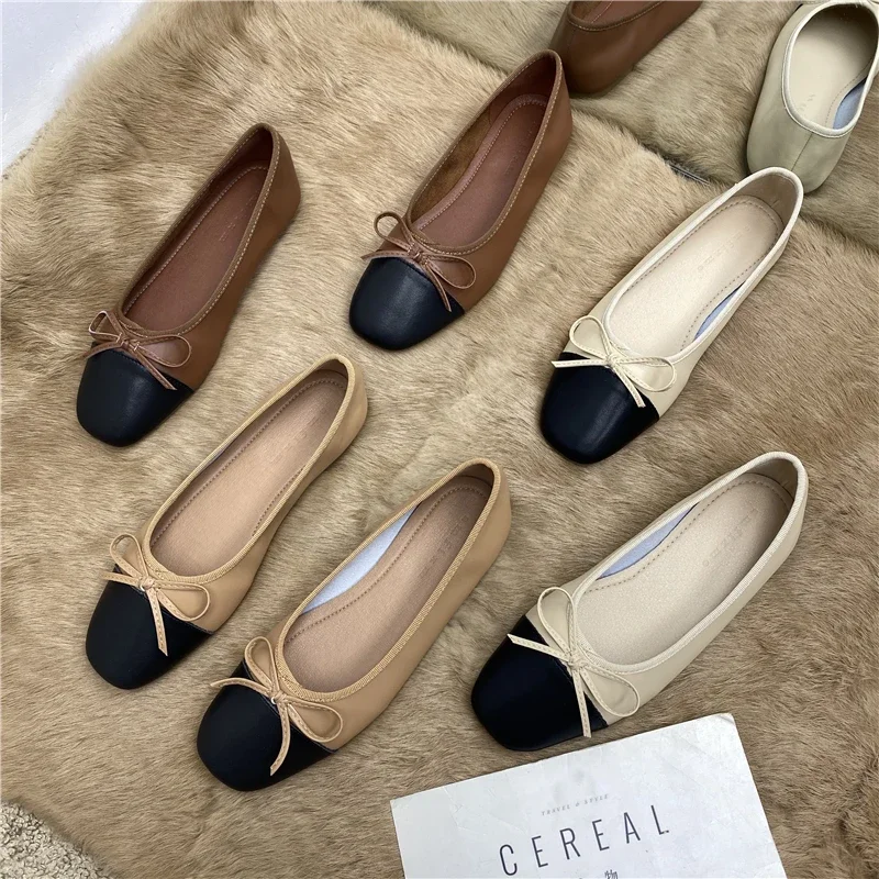 Women's Flat Shoes Comfort Non-slip Ladies Leather Flats Elegant Bowknot Women's Single Shoes Mother's Shoes