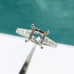 MeiBaPJ 6mm Square Stone 925 Sterling Silver Fashion Zircon Ring Holder DIY Empty Support for Women Fine Charm Jewelry