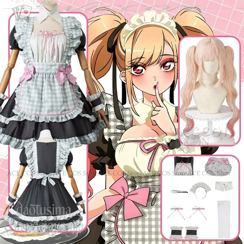 

Disfraz Adulto Dress Up 코스프레 JK Darling Costume Anime Kitagawa Marin Cosplay Kawaii Plaid Sleeveless Maid Cosplay Anime Costumes