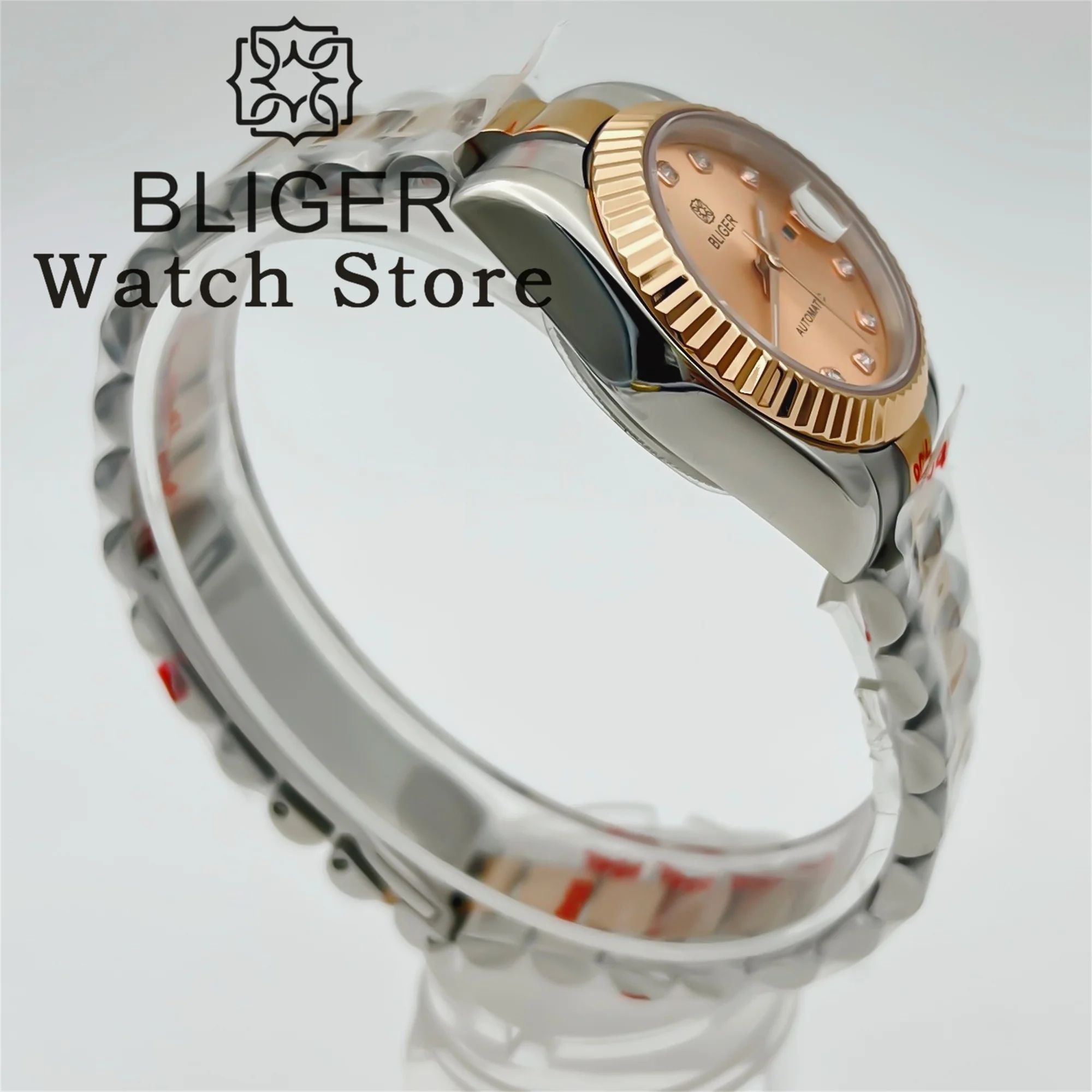 BLIGER 31mm Two Tone Rose Gold Mechanical Lady Watch NH05 Movement Curved Fluted Bezel Rose Gold/Pearl Shell Dial Sapphire Glass