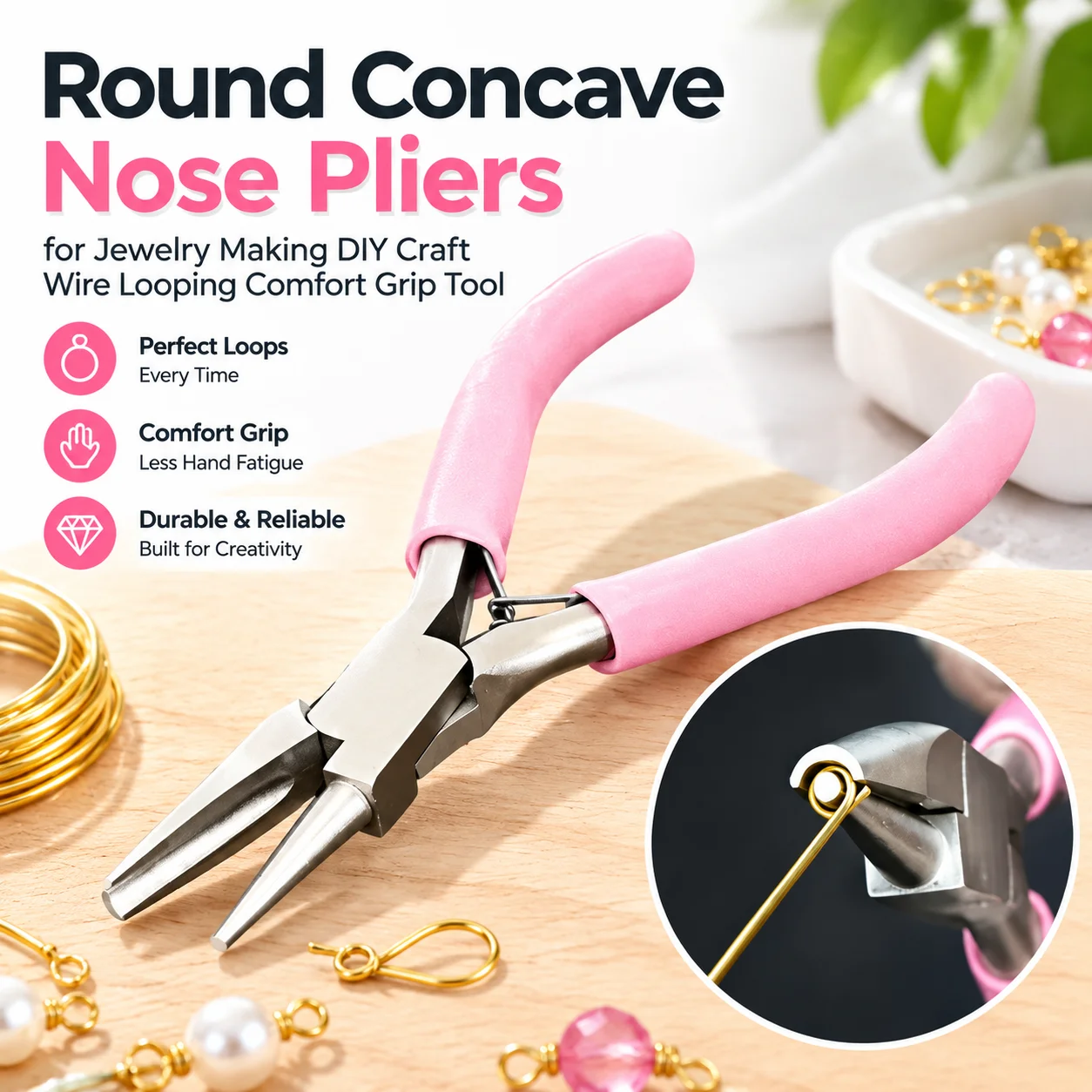 Round Concave Nose Pliers for Jewelry Making DIY Craft Wire Looping Comfort Grip Tool