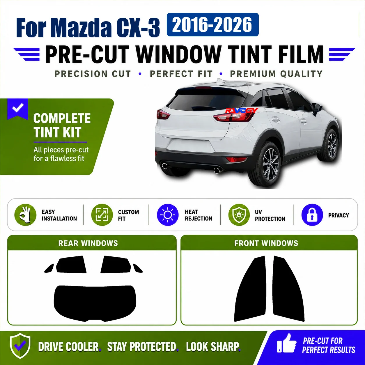For Mazda CX-3 2016-2026 Privacy Tint Film Front & Rear Window Custom Cut Kit