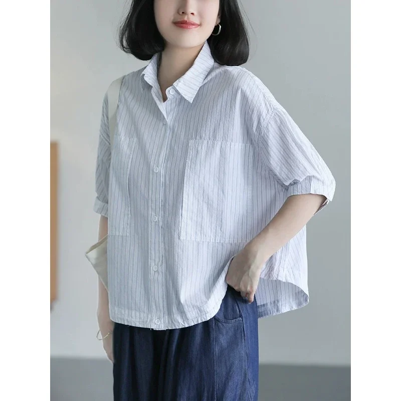 

Женская винтажная полосатая рубашка с воротником на пуговицах, повседневная свободная хлопковая блузка