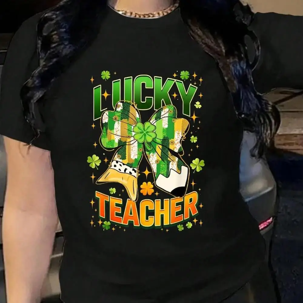100_ Cotton One Lucky Teacher St Patrick Coquette Bow Pencil Shamrock T-Shirt Men s Women s Soft Breathable Tee Classic Fashion Summer Tops Print