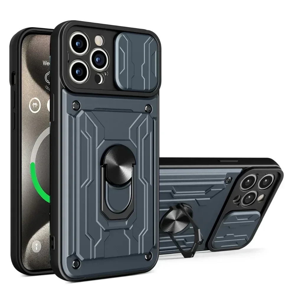 Fall Für iPhone 17 16 15 14 13 12 11 Pro Max XR XS Plus SE Rutsche Kamera Karte Slot Militär grade Ring 360 Magnetische Zurück Abdeckung