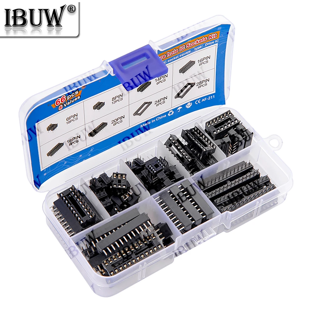 66PCS/lot with Box DIP IC Sockets Adaptor Solder Type Socket Kit 6 8 14 16 Pin DIP-6 DIP-8 DIP-14 IC Connector 18p 20p 24p 28p