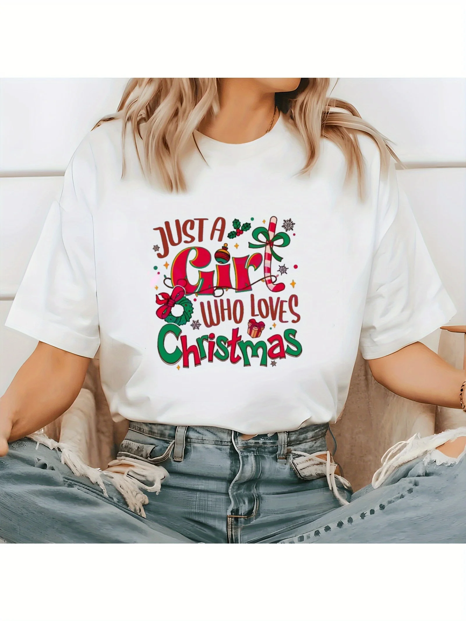 「Just A Who Loves Christmas」レディース Tシャツ カラフルなクリスマス サマー 半袖 原宿 ストリートウェア トップス Tシャツ