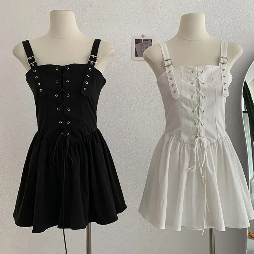 스파이시 걸 고품질 드레스 여성용 레이스업 허리 조절 슬리밍 패션 솔리드 컬러 A라인 민소매 오버올 드레스