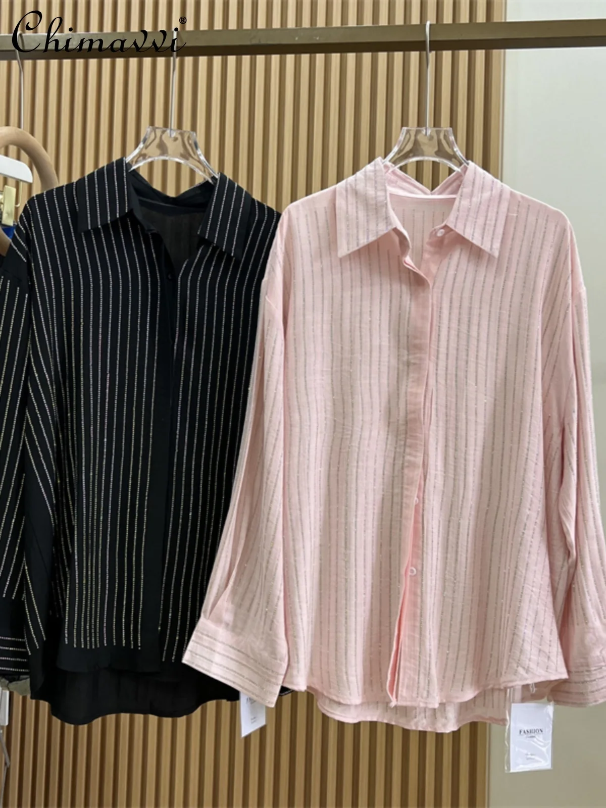 

European Heavy Hot Drilling Striped Long-Sleeved Shirt 2024 Spring Autumn New Fashion Loose Sun Protection Shirts Elegant Blouse