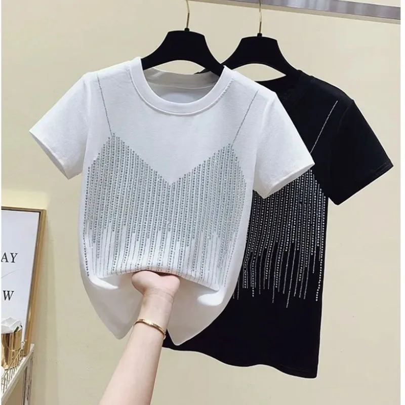 

Plus Size L-3xl Cotton Diamond Short Sleeved T-shirts Women Summer Simple Versatile Round Neck Top Korean Fashion Casual Clothes