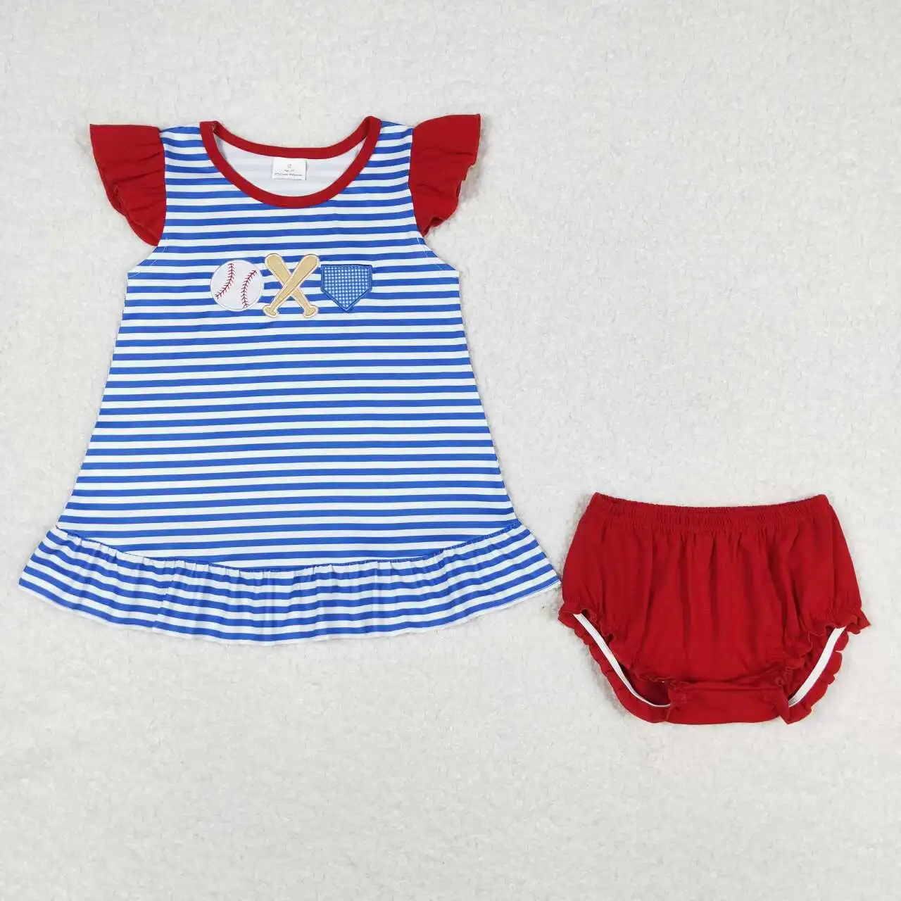 Summer Match Baby Boys Girl Baseball Blue And White Striped Flying Sleeve Red Briefs Bummies Suit Wholesale Boutique Clothes