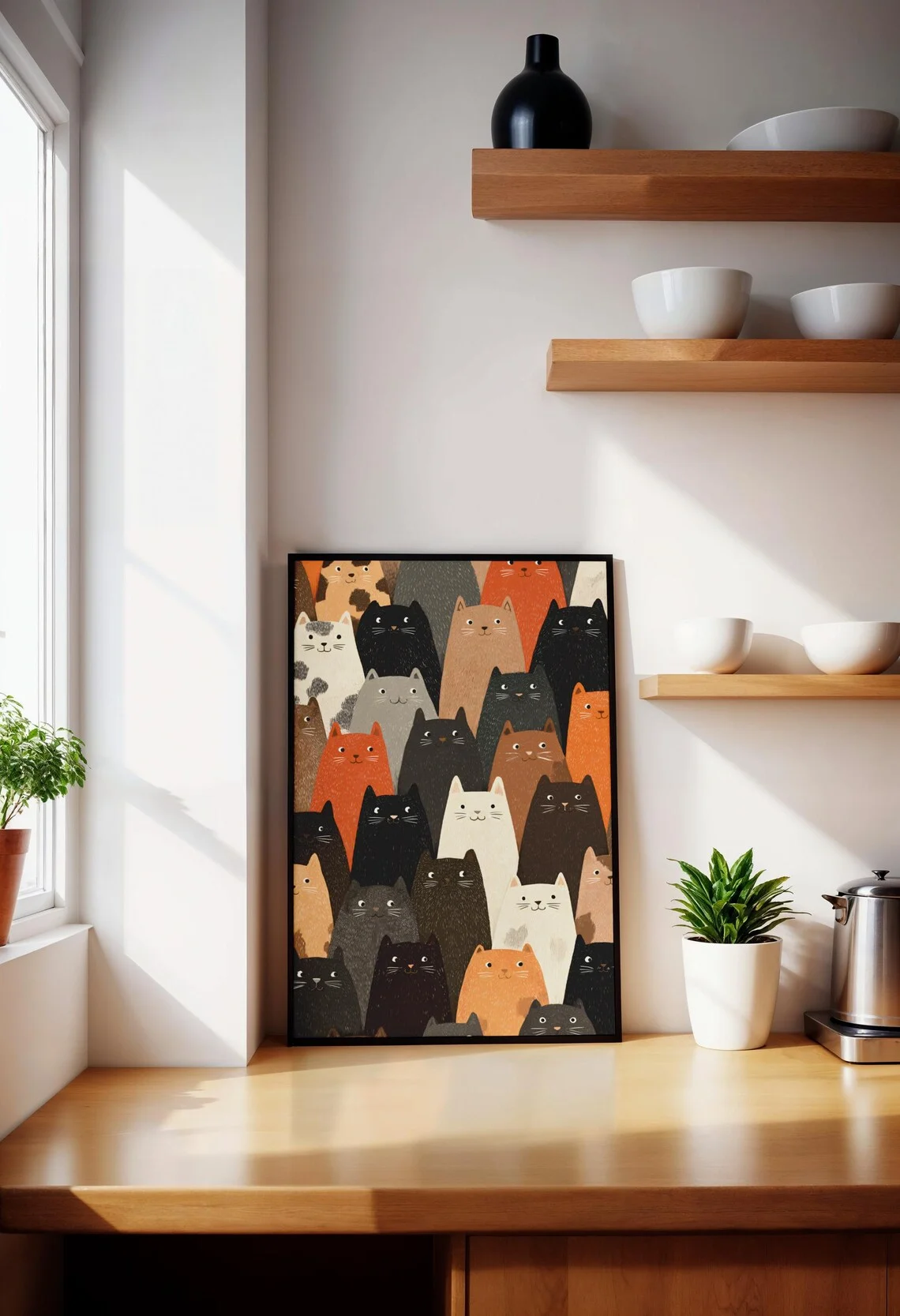 Charming Multi-Colored Cat Crowd WALL ART PRINT DECOR – Cozy Neutral-Toned Feline Design for Adding Warmth to Living Room or Bed