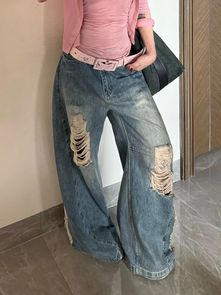 

Американские джинсы свободного кроя в стиле Lazy Girl, женские, винтажные, с эффектом потертости, с высокой талией, рваные, с дырками, длиной в пол