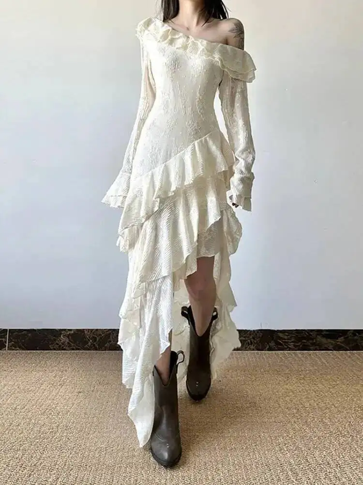 Unregelmäßiges Damen-Kleid in Aprikot mit Rüschen, Schlankes Elegantes Langes Kleid, Neuer Diagonaler Kragen, Lange Ärmel, Modisch für Frühling und Herbst 2026 1DJJ890