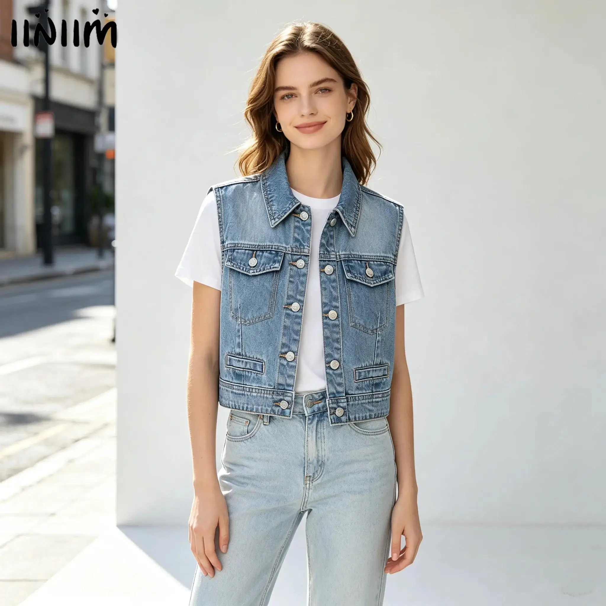 Womens Fashion Classic Denim Crop Top Top Waistcoat Front Button-down Lapel Sleeveless Distressed Jean Vest Tank Top Outerwear