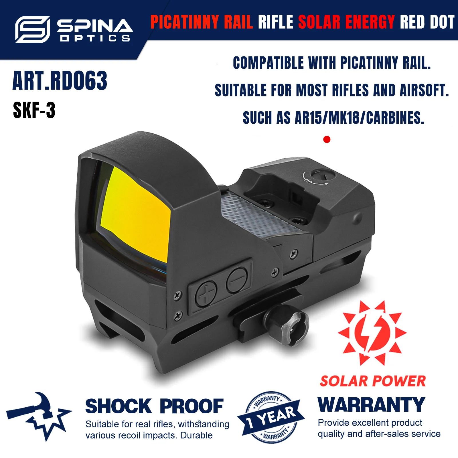 

SPINA OPTICS SolarYardMight Solar Energy Red Dot Sight RifleScope QD Mount Hunting&Tactics AR CQB Sight Armed .223 5.56 .308