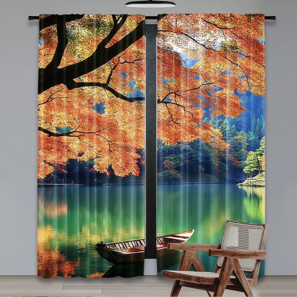 2Pcs Lakeside Red Maple Curtain Decorative Wall Art For Bedroom Hall Dormitory Living Room Hanging Many Other Occasions A