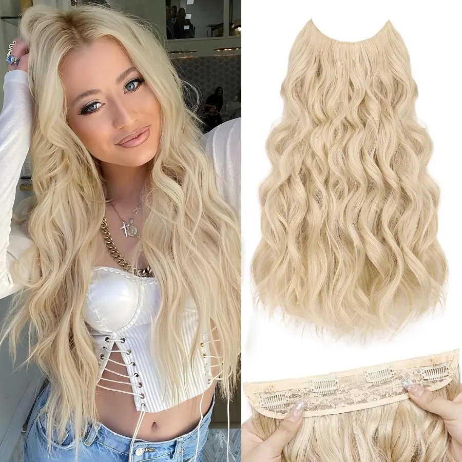 女性用インビジブルワイヤーヘアエクステンション-20インチ-ブロンド-ロングウェーブ-シンセティックヘアピース-透明ワイヤー付き-サイズ調整可能