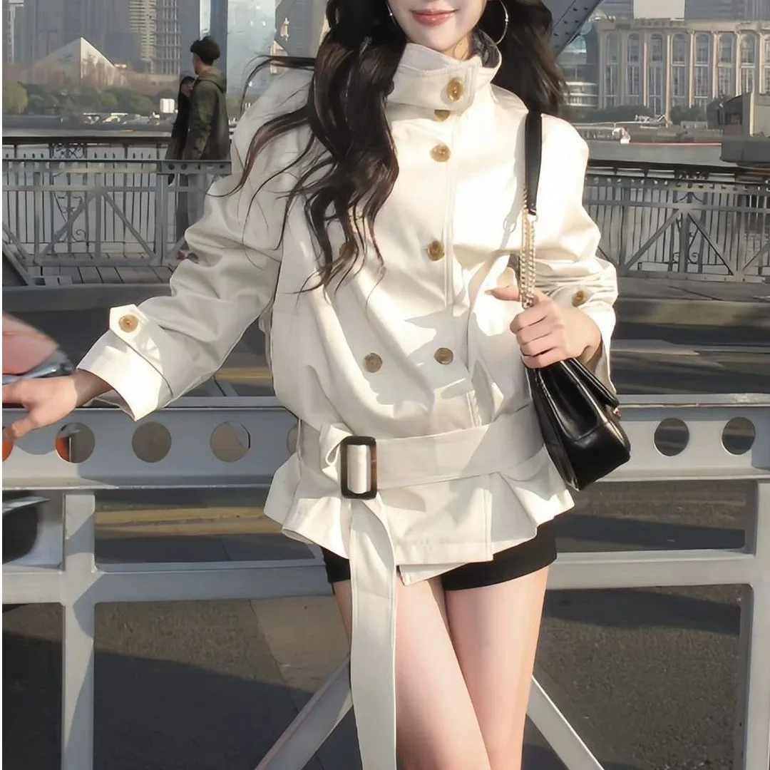 British Style White Stand Collar Short Coat Women's Fashion Waist-Cinching Autumn New Arrival Spring Outerwear T-Shirt