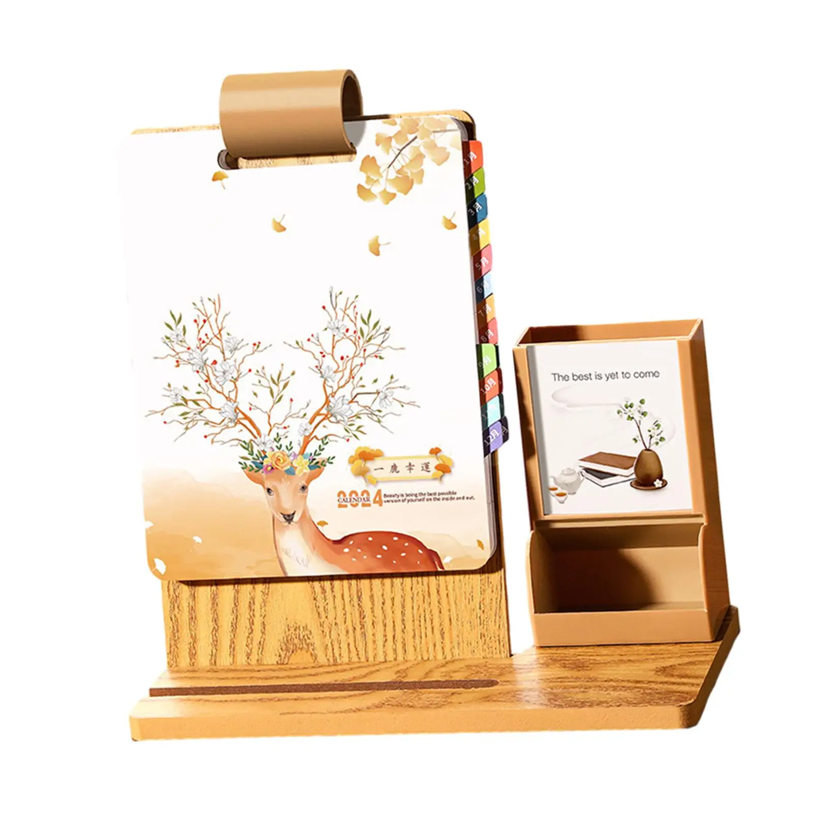 Маленький настольный календарь 2024 с держателем для ручек, держатель для телефона, флип-календарь из дерева, настольный календарь из толстой бумаги, памятные страницы, стоячий флип