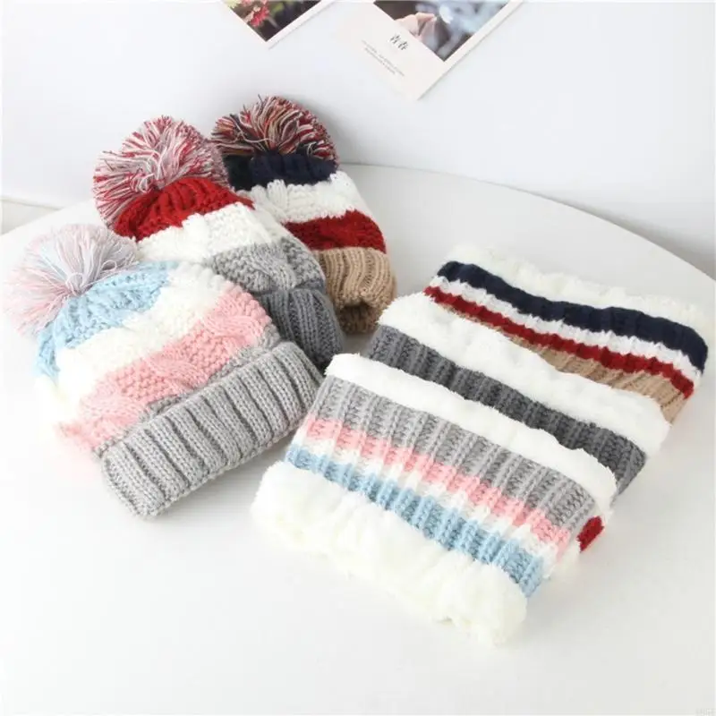 195e Kids Winter Cable Knit Beanie Cappello Set sciarpa set Stripes Plushelling Cash Cap