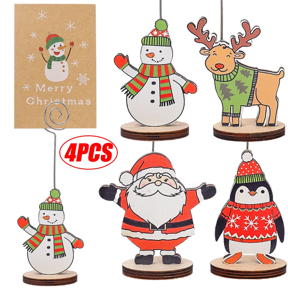 4/1pcs Christmas Message Card Holder Wooden Place Stand Holders Cute Cartoon Santa Snowman Note Holder Dinner Party Table Decor