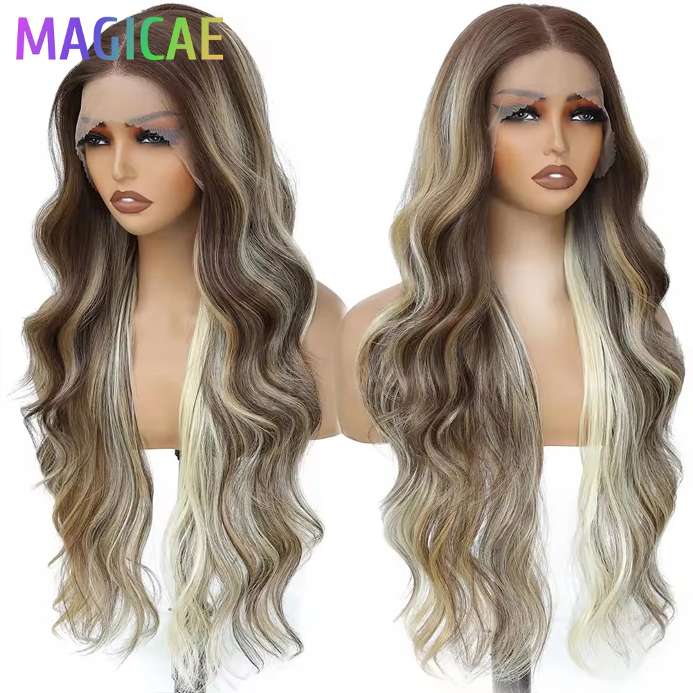 13X4 Lace Frontal Synthetic Body Wave Wigs Ombre Brown Heat Resistant Fiber Blond Swiss Transparent Lace Front Wigs For Women image 2