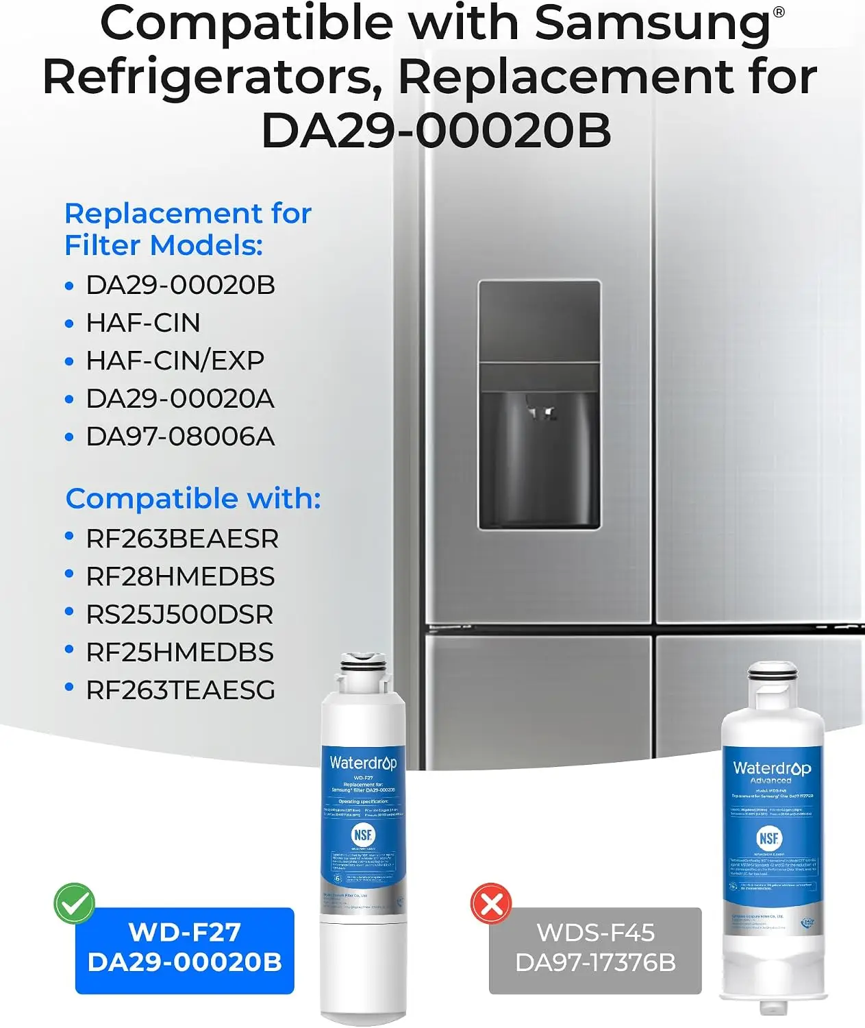 Waterdrop Water Filter, Replacement for Samsung® HAF-CIN/EXP, DA29-00020B, DA97-08006A, 46-9101, HDX FMS-2, RF263BEAESR, Reduce Chlorine, bad Taste and Odor, Refrigerator Water Filter