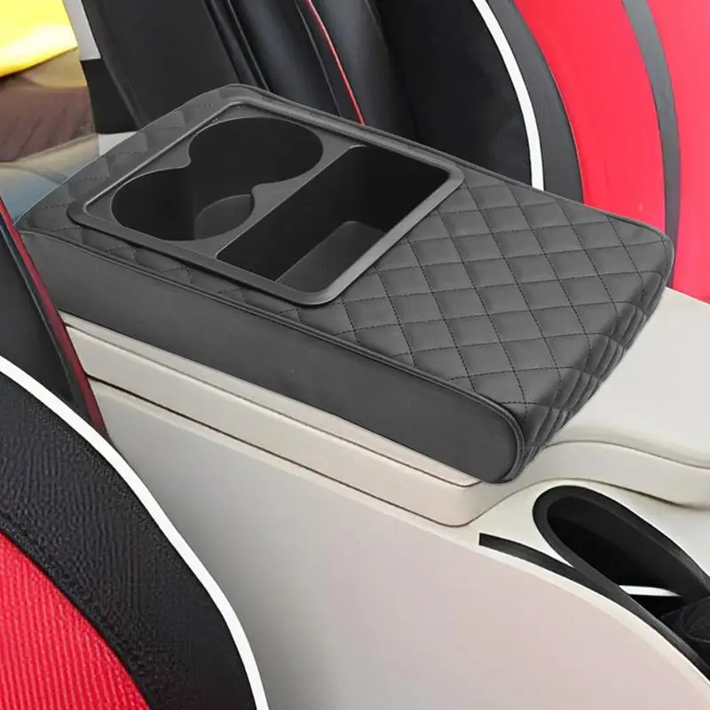 Car Armrest Cover PU Leather Armrest Pad With Cup Holder Waterproof Easy Installation Console Mat Multifunctional Elevated