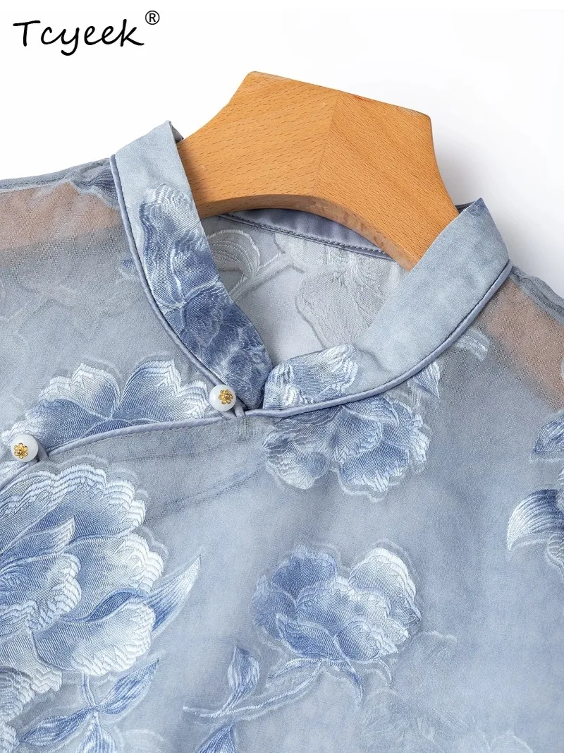 Tcyeek 100% Real Silk Women T Shirt 2026 Spring Summer Blue Chinese-style Improved Cheongsam Tops Ladies Clothes Ropa De Mujer